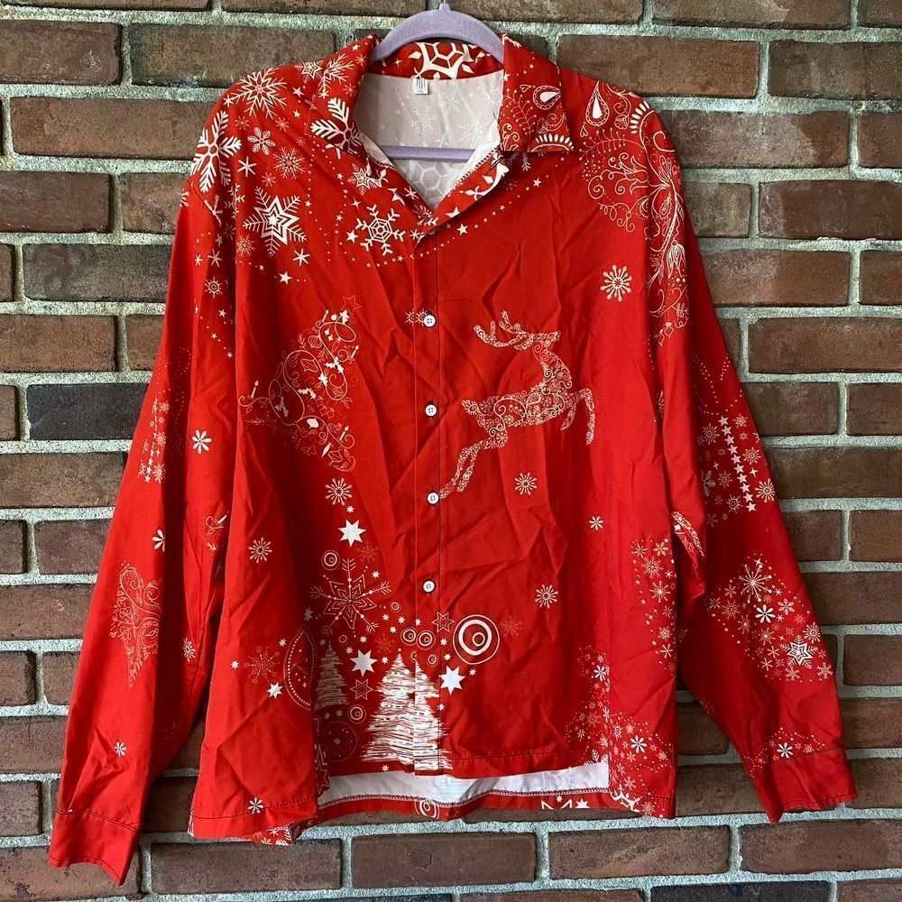 Snowflake Reindeer Button Up Long Sleeve Shirt Red XXL